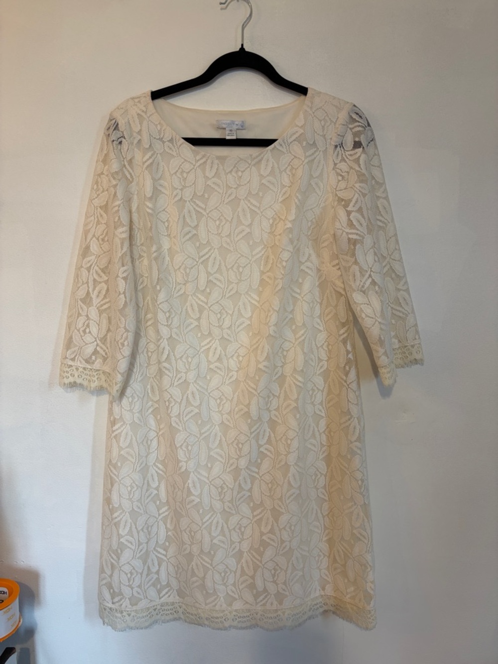 London Times Cream Lace Shift Dress with Three-Quarter Sleeves